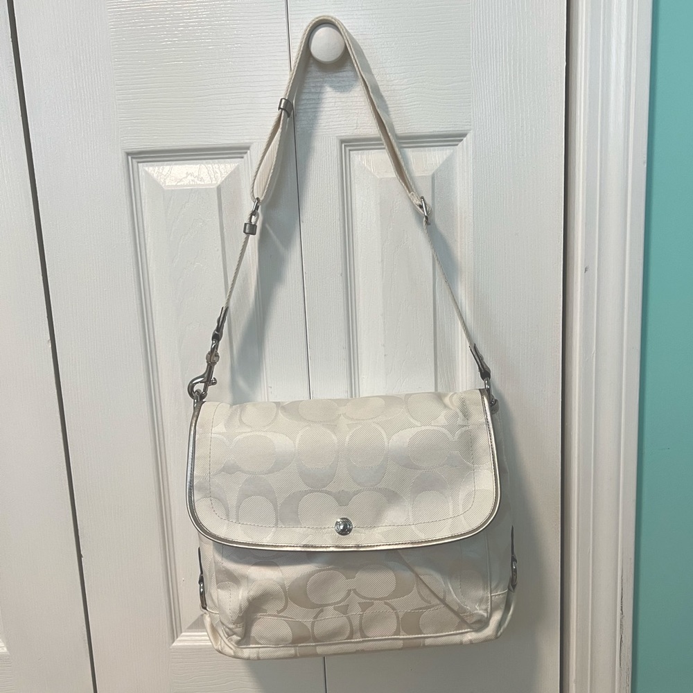 Coach Kyra Signature Messenger Bag White and Silver